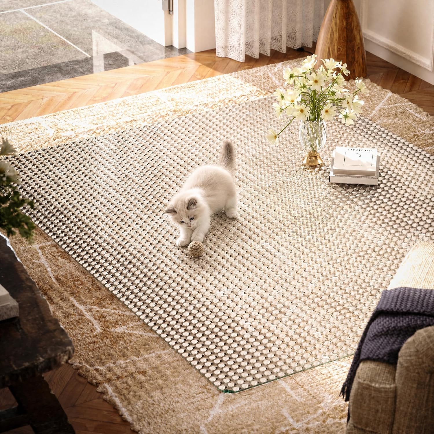 VETROUVE 46' x 55' Glass Chair Mat for Carpet, Single-Sided Textured Heavy Duty Hard Tempered Glass Desk Office Mat with 4 Anti-Slip Pads, 1/5' Thick, Smooth Rolling, Scratch Resistant