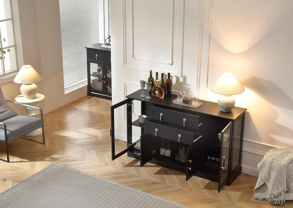 FOREST GRAVITY 58.27'' Buffet Cabinet with 2 Drawers,LED and Adjustable Shelves,Large Glass Door Coffee Bar Cabinet with Storage,Modern Farmhouse Sideboard Credenza for Kitchen,Black