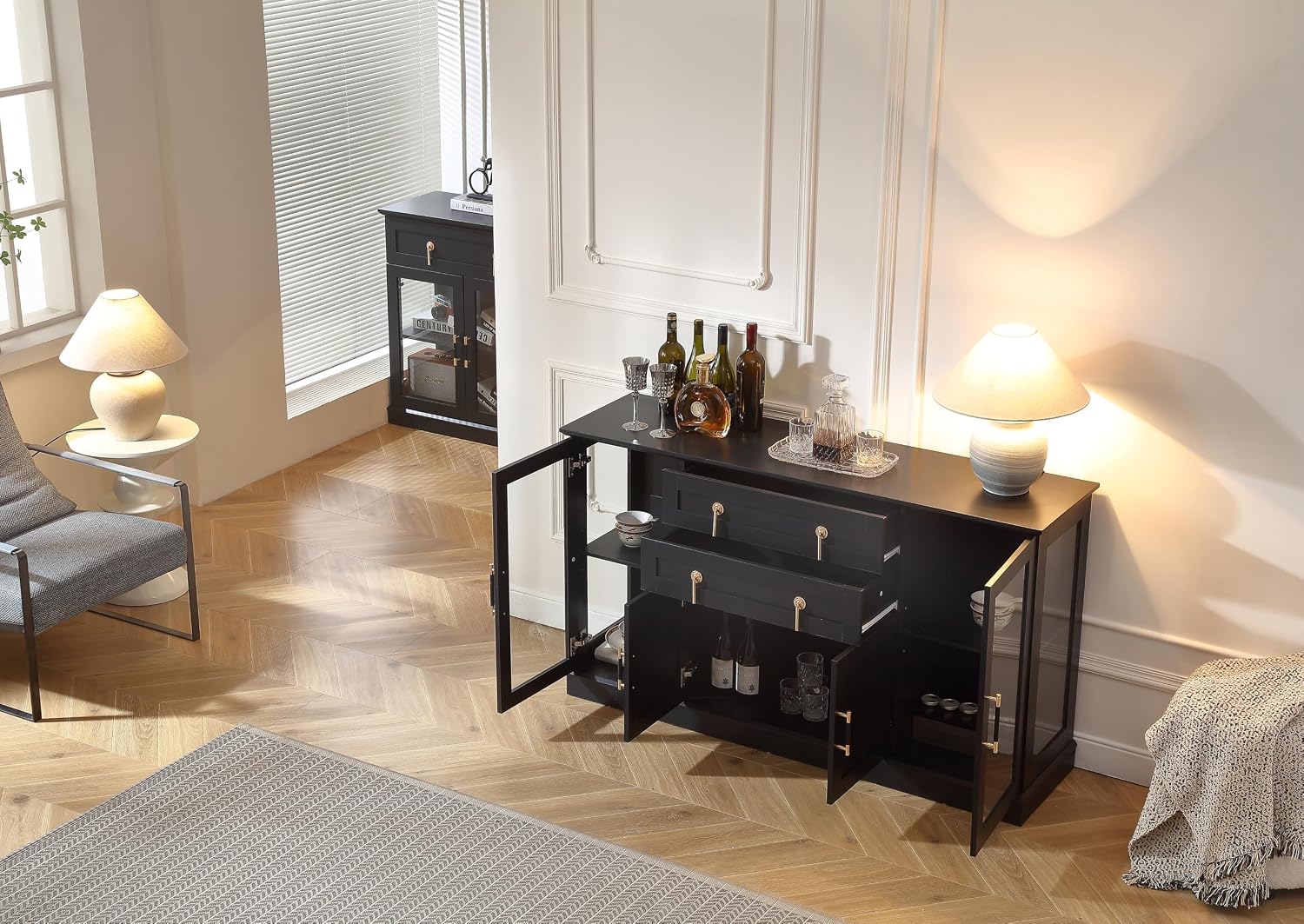 FOREST GRAVITY 58.27'' Buffet Cabinet with 2 Drawers,LED and Adjustable Shelves,Large Glass Door Coffee Bar Cabinet with Storage,Modern Farmhouse Sideboard Credenza for Kitchen,Black