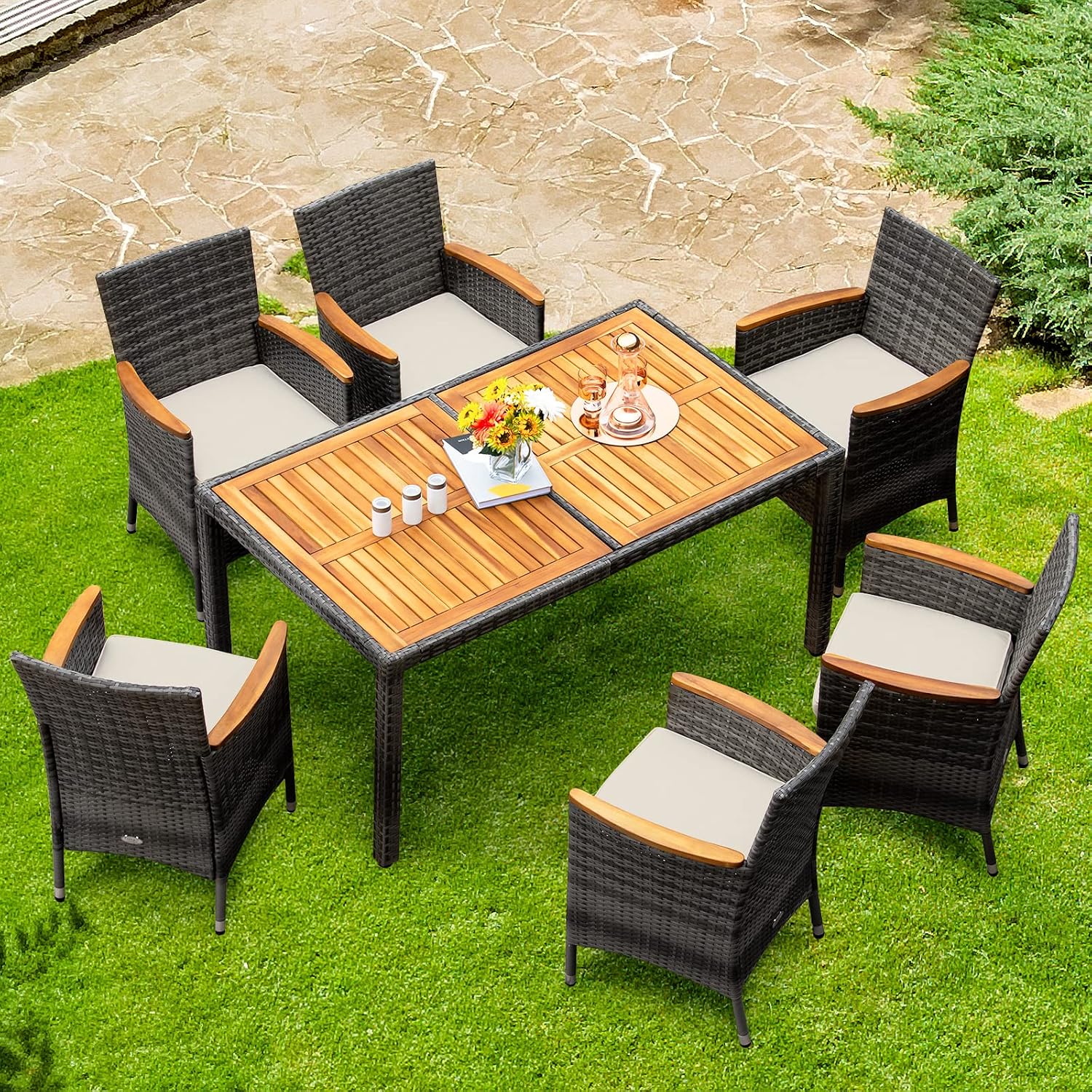Tangkula 7 Pieces Outdoor Dining Furniture Set, Patio Rattan Conversation Set with Spacious Acacia Wood Table, 6 Chairs with Widened Armrests, Non-slip Foot Pads, Suitable for Backyard Poolside (Grey)