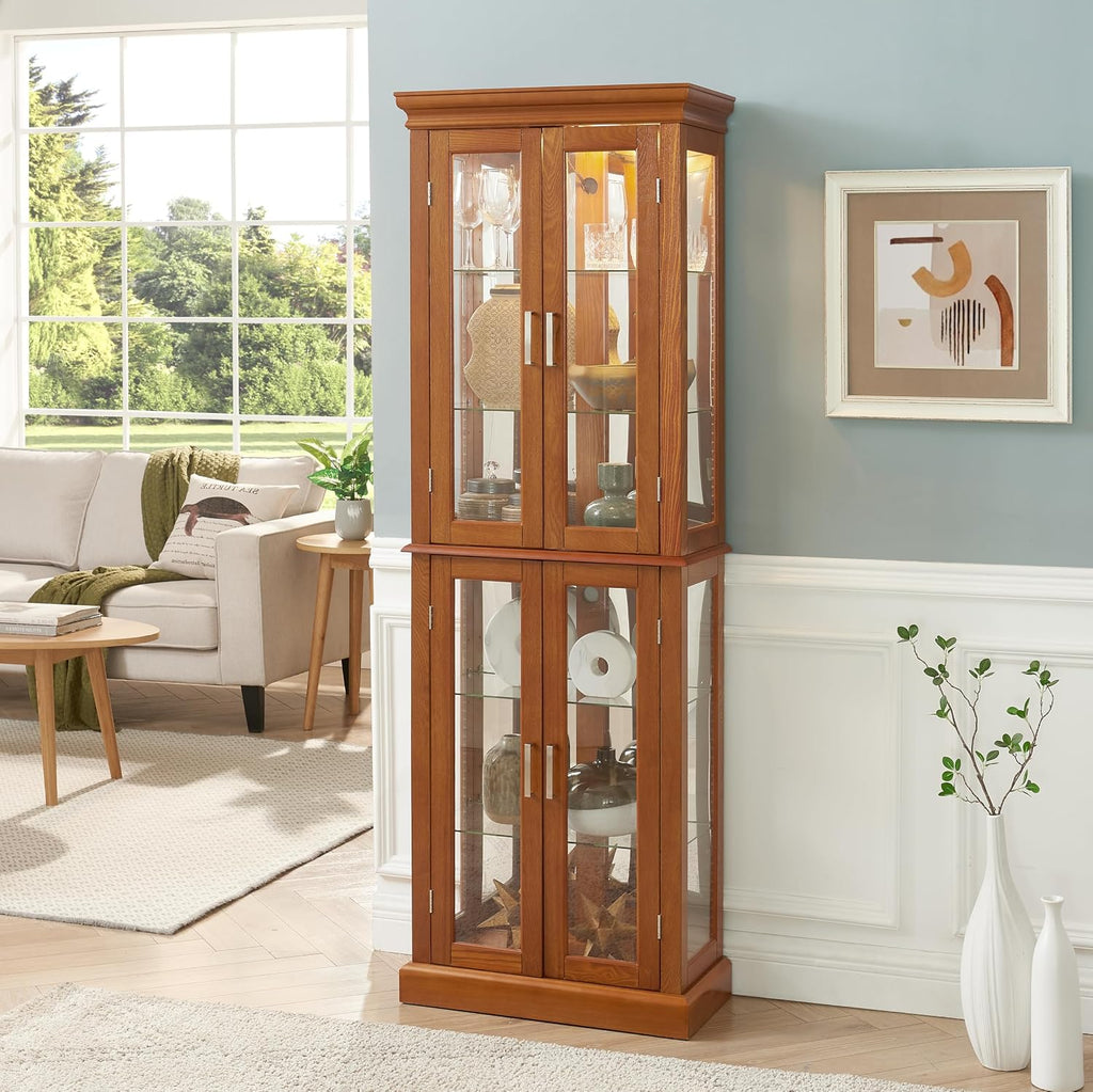 Ball & Cast Lighted Curio Cabinet,6-Tier Glass Display Cabinet with Adjustable Glass Shelves and Mirrored Back Panel for Living Room,E26 Light Blub not Included,Oak