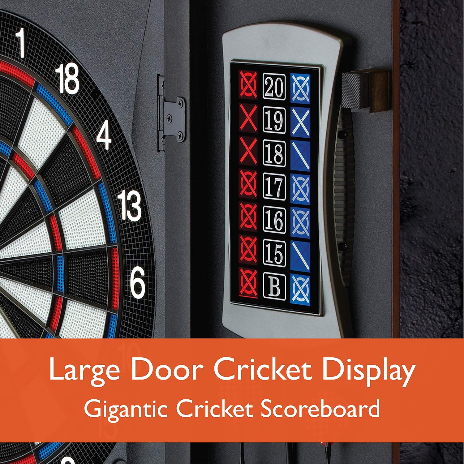 Fat Cat Mercury Electronic Soft Tip Dartboard with Cabinet, 13.5 in Target, 28 Games, 6 Darts Included, Black