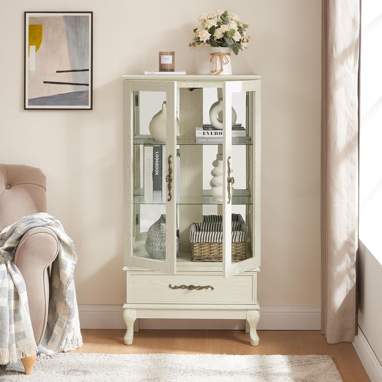 51' H Lighted Curio Cabinet Display Case, Glass Curio Cabinet with Adjustable Shelves,Tempered Glass Door and Drawer, Wooden Cabinets w/Mirrored Back Pane for Living Room (Antique White)