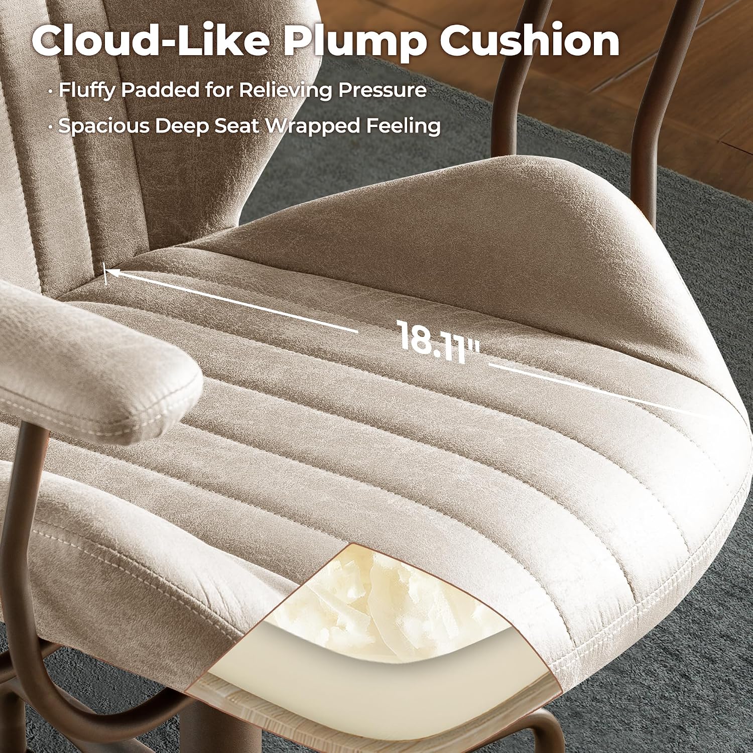 ovios Ergonomic Office Chair, Mid Back Faux Leather Executive Chairs with Armrests, Comfy Mid-Century Modern Swivel Rolling Computer Armchair (Beige, Suede Leather)