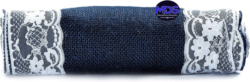 MDS Pack of 15 Wedding 12 x 108 inch Burlap Lace Hessian Table Runner Rustic Navy Blue Jute Country Vintage for Wedding Banquet Decoration – Navy Blue Lace Jute Burlap