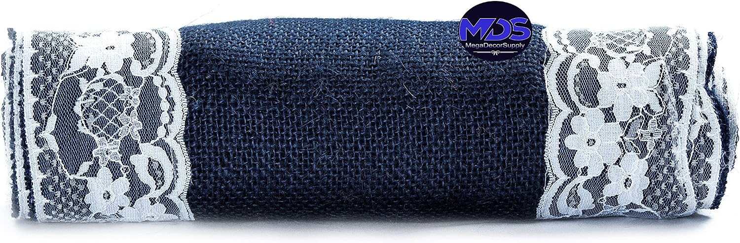 MDS Pack of 15 Wedding 12 x 108 inch Burlap Lace Hessian Table Runner Rustic Navy Blue Jute Country Vintage for Wedding Banquet Decoration – Navy Blue Lace Jute Burlap