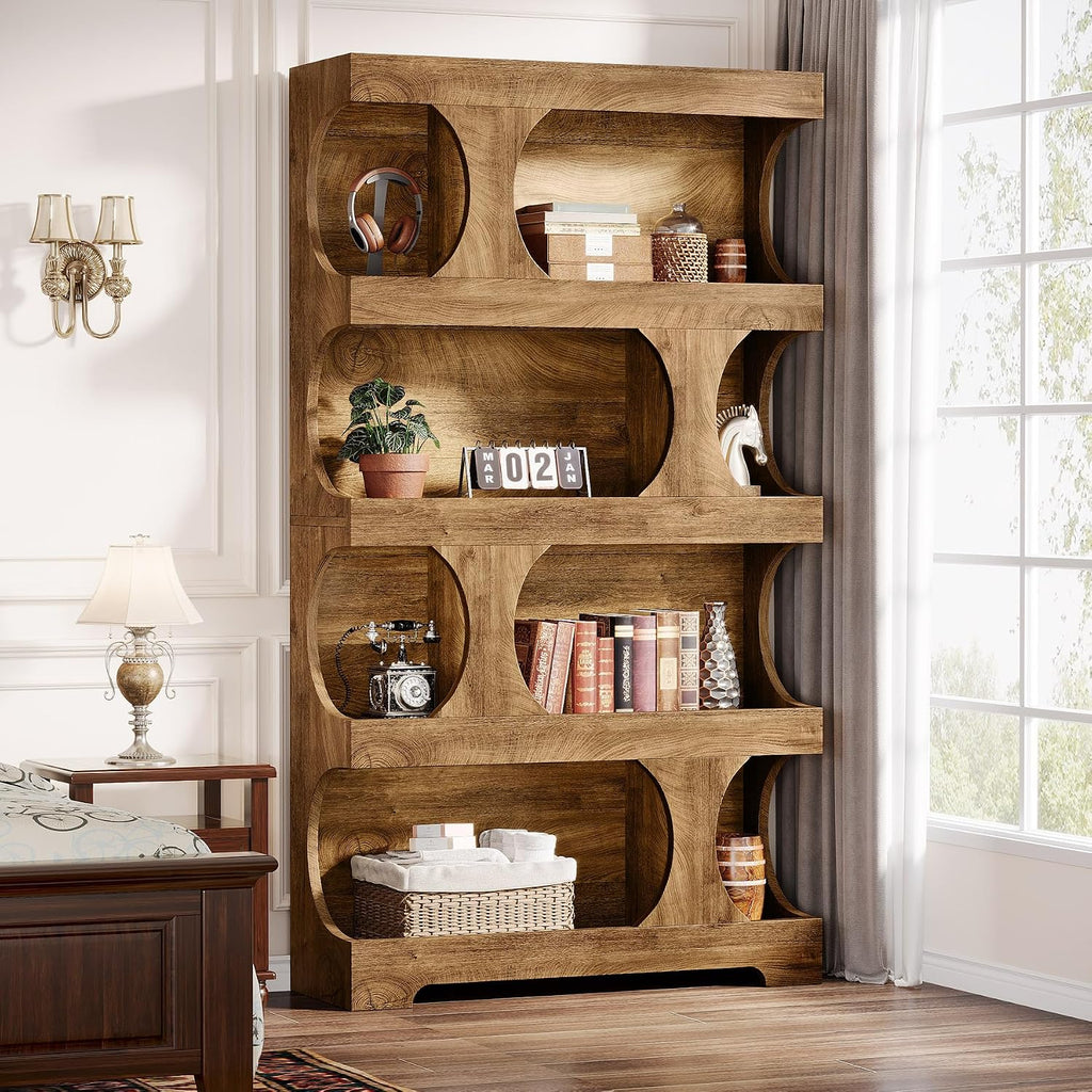 Tribesigns 71' Tall Bookcase Set of 2, Modern Asymmetrical Bookshelf, 4-Tier Freestanding Display Shelf with Classic Shape, Large Library Book Shelf for Living Room, Home Office, Brown