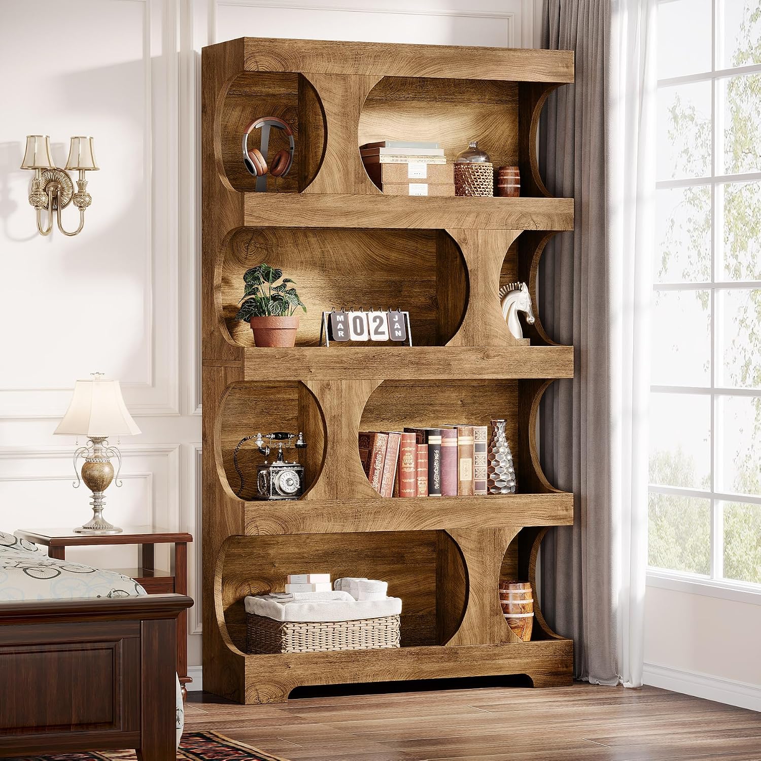 Tribesigns 71' Tall Bookcase Set of 2, Modern Asymmetrical Bookshelf, 4-Tier Freestanding Display Shelf with Classic Shape, Large Library Book Shelf for Living Room, Home Office, Brown