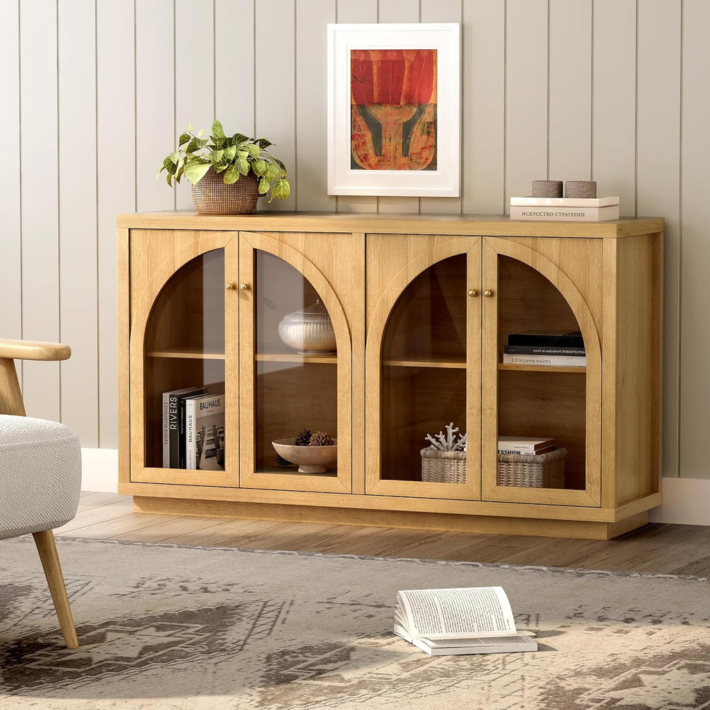 EYYTHUNG Arched Storage Cabinet with 4 Doors Set of 2, Sideboard Buffet Cabinet with Adjustable Shelves and Acrylic Door, Accent Display Cabinet for Living Room, Entryway, Dining Room, Natural Oak