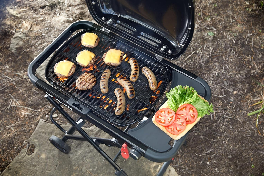 Weber Traveler® Compact Portable Gas Grill (Liquid Propane) for Outdoor Cooking – Black, Porcelain-Enameled Lid, Side Table, Folding Portable Grill with Wheels for Camping, Tailgating & Travel