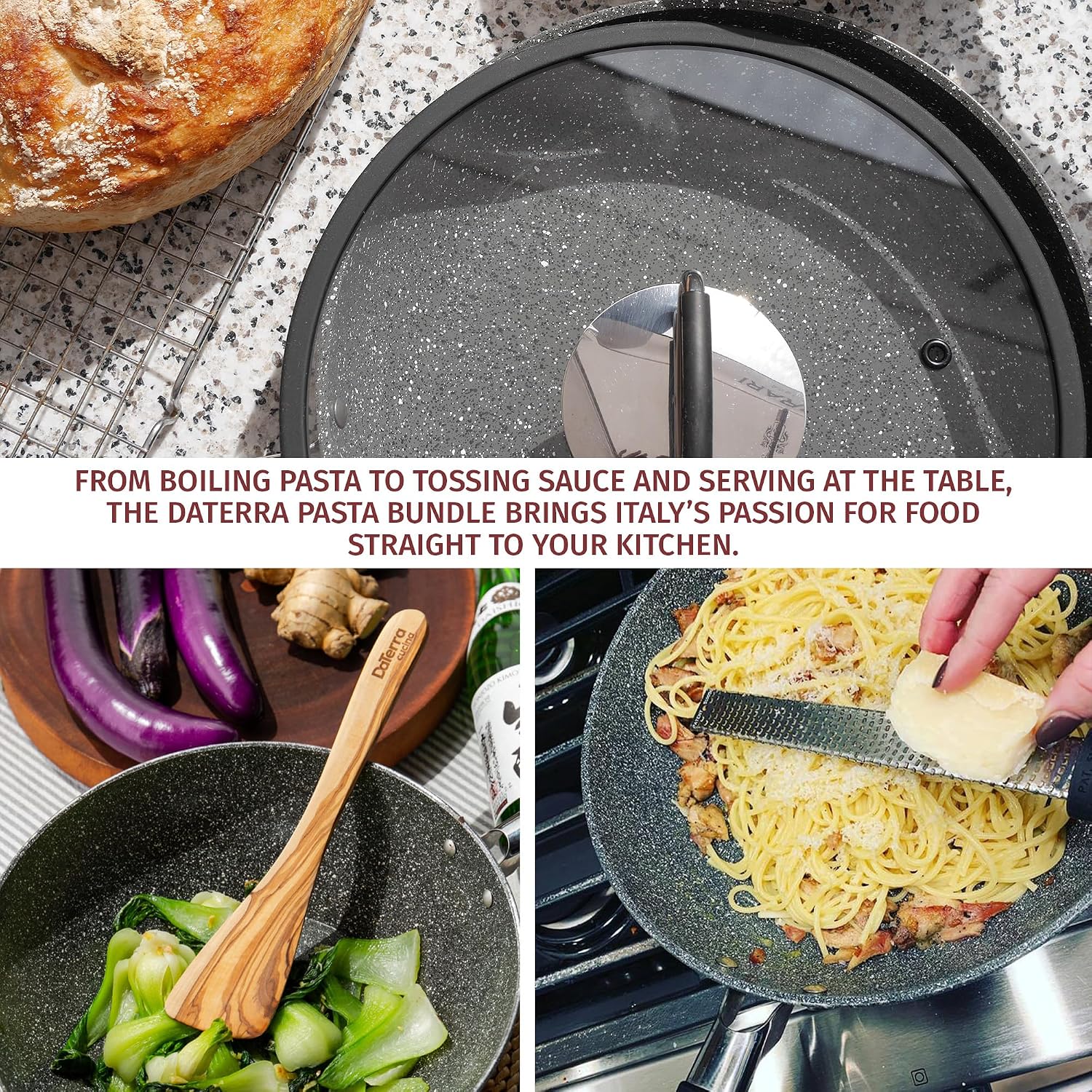DaTerra Cucina Nonstick Large Pasta Bundle – Induction Compatible Ceramic Coated Non Stick Frying Pan & Dutch Oven Set w/Olive Wood Utensils - Ideal for Frying, Sautéing & Roasting - Made in Italy