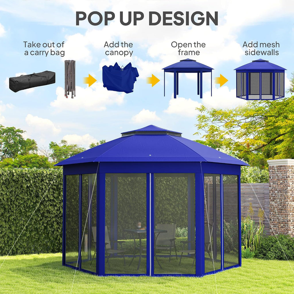 Outsunny 13' x 13' Pop Up Gazebo, Hexagonal Canopy Shelter with 6 Zippered Mesh Netting, Event Tent with Strong Steel Frame for Patio Backyard Garden Wedding Party, Dark Blue and Black