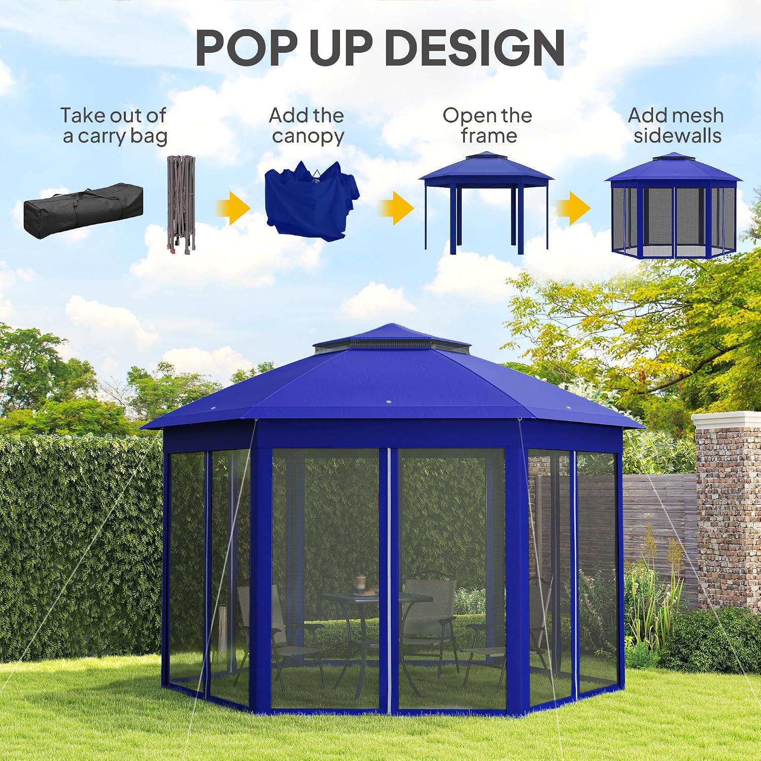 Outsunny 13' x 13' Pop Up Gazebo, Hexagonal Canopy Shelter with 6 Zippered Mesh Netting, Event Tent with Strong Steel Frame for Patio Backyard Garden Wedding Party, Dark Blue and Black