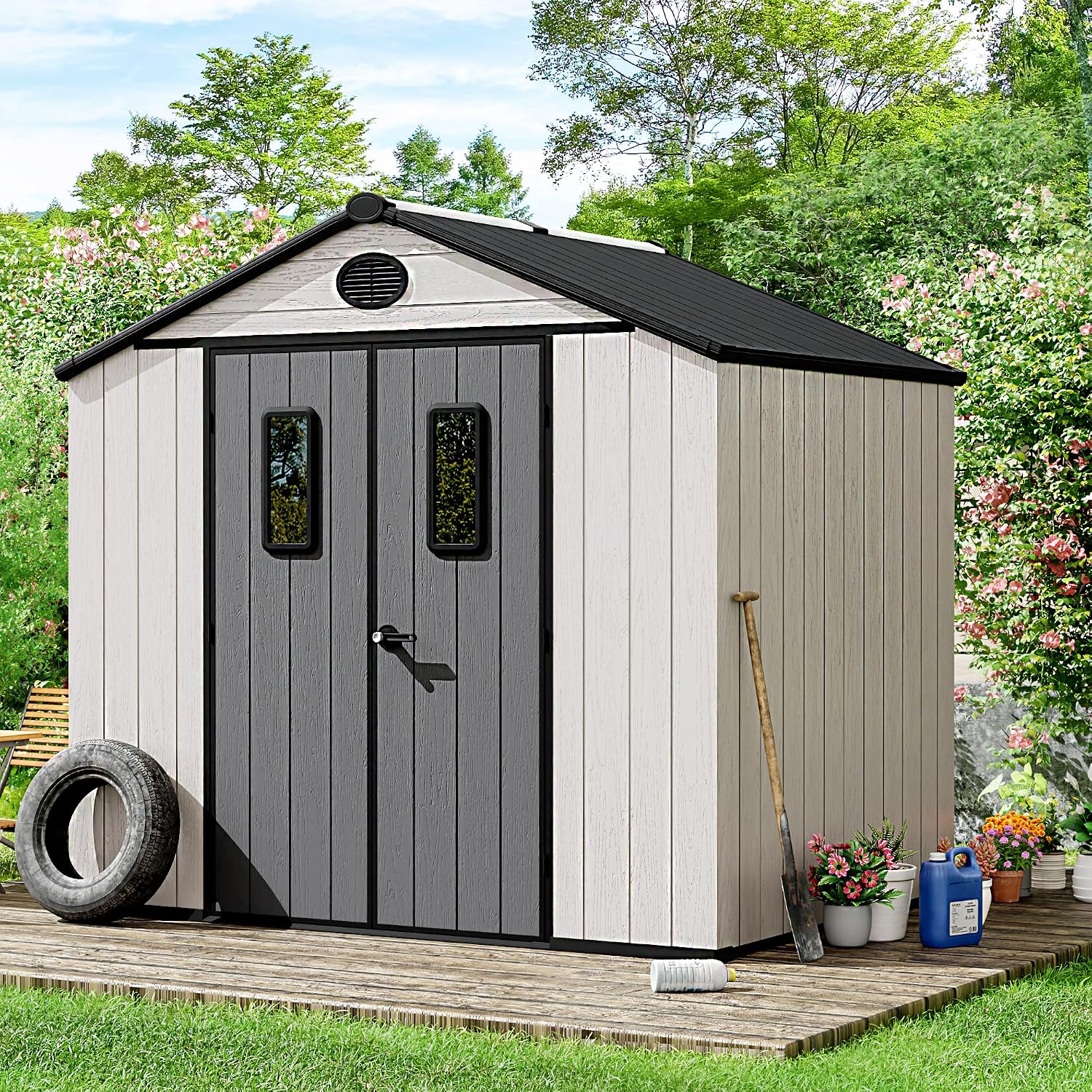8 x 6 FT Plastic Outdoor Storage Shed with Floor,Garden Resin Shed with Window and Lockable Door, Outside Sheds for Bike, Garbage Can, Tool