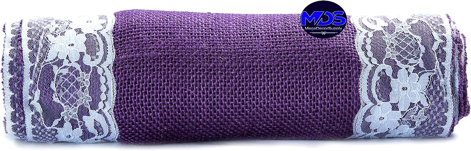 MDS Pack of 15 Wedding 12 x 108 inch Burlap Lace Hessian Table Runner Rustic Lavender Jute Country Vintage for Wedding Banquet Decoration – Lavender Lace Jute Burlap
