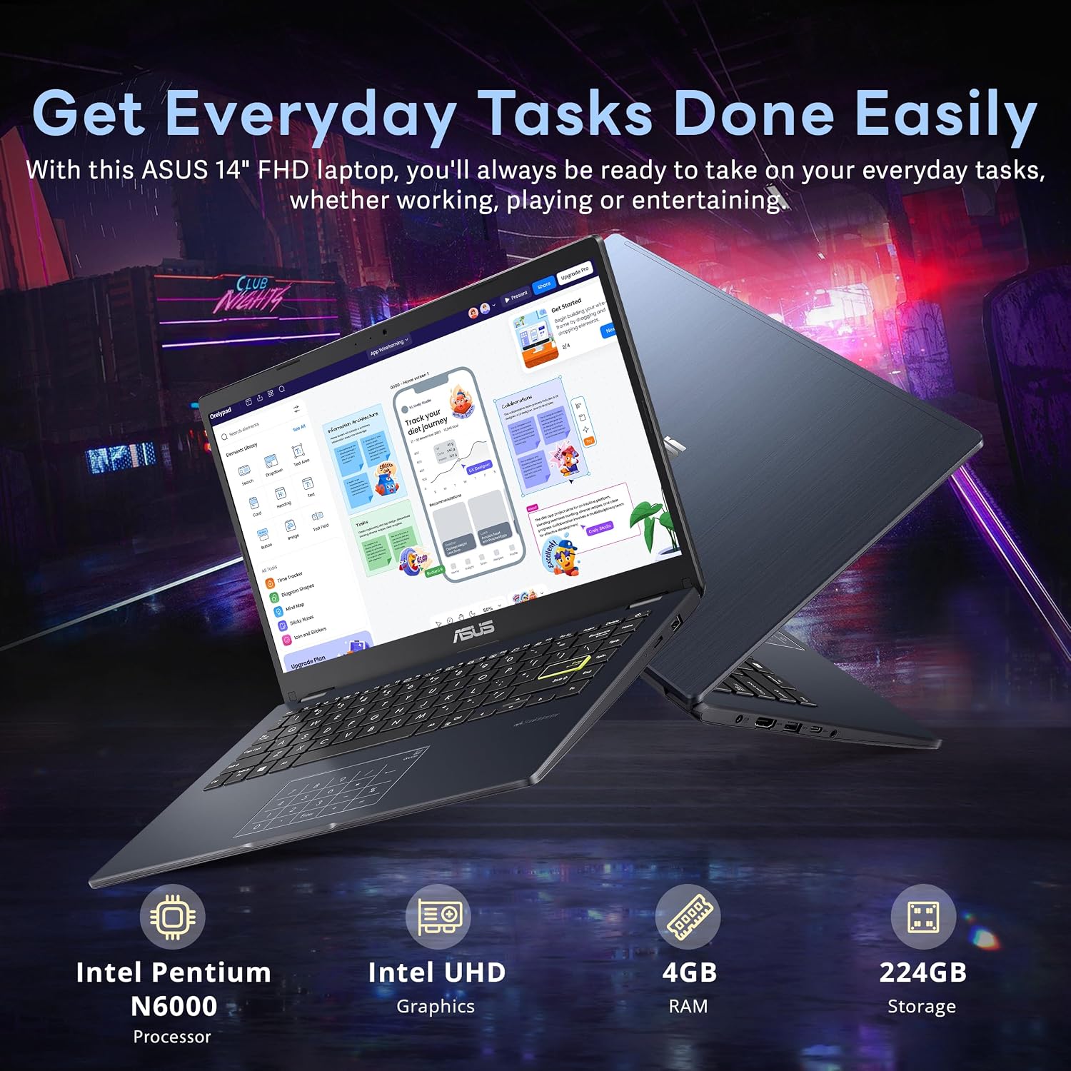 ASUS 14' FHD Ultra-Light Laptop, Intel Pentium N6000, 4GB RAM, 224GB Storage (64GB eMMC+160GB Docking Station Set), UHD Graphics, AI-Powered, Copilot Ready, Long Battery Life, Windows 11, Black