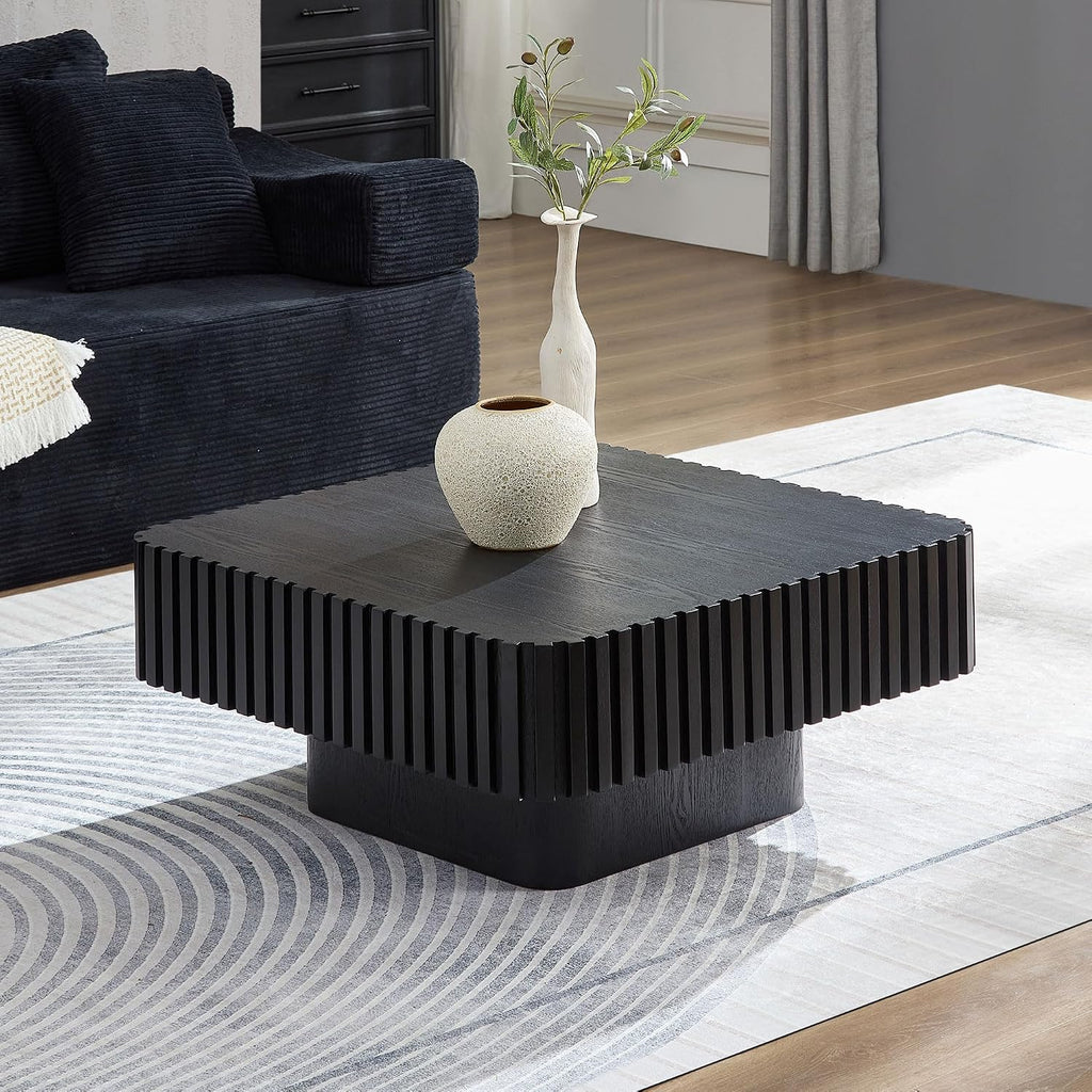 31.49'' Square Coffee Table Set of 2 for Living Room, Modern Wood Drum Pedestal Flute Embossment Coffee Table, Easy Assembly (Black, 2-Pcs)