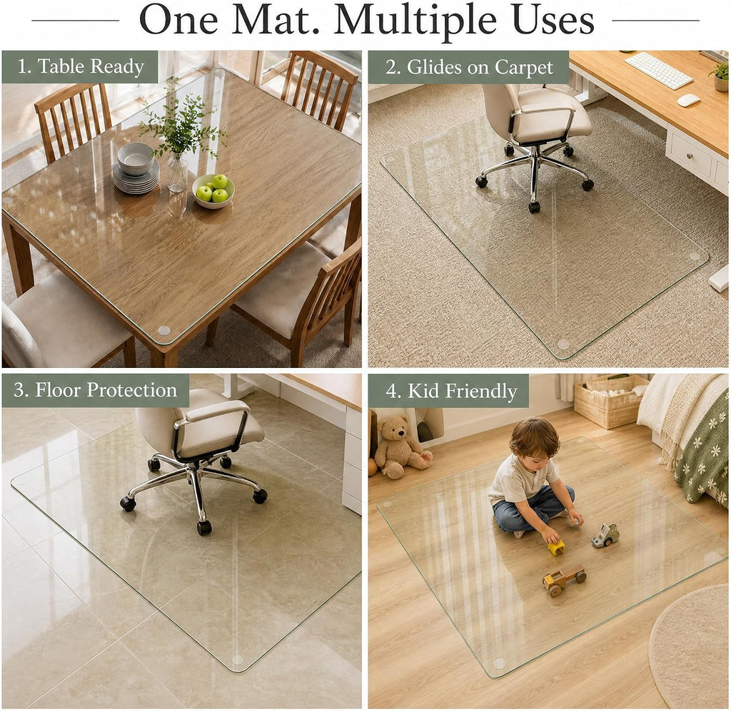 VETROUVE 48' x 60' Chair Mat for Carpet, Heavy Duty Hard Tempered Glass Desk Office Mat on Carpet or Hard Floor with 4 Anti-Slip Pads, 1/5' Thick, Smooth Rolling, Scratch Resistant, Transparent
