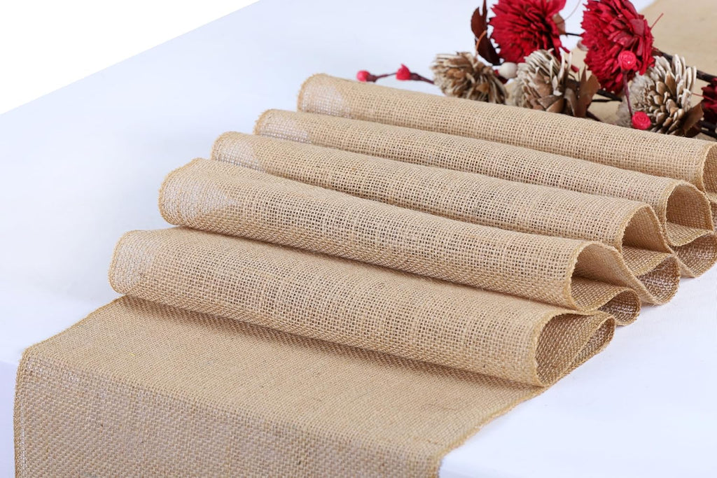 MDS 100 Pack Wedding Natural Burlap Table Runners 12 x 72 Inch Rustic Farmhouse Jute Country Vintage Runner for Wedding and Home Decor, Table Decorations, Party, BBQ's & Outdoor Tables- Natural