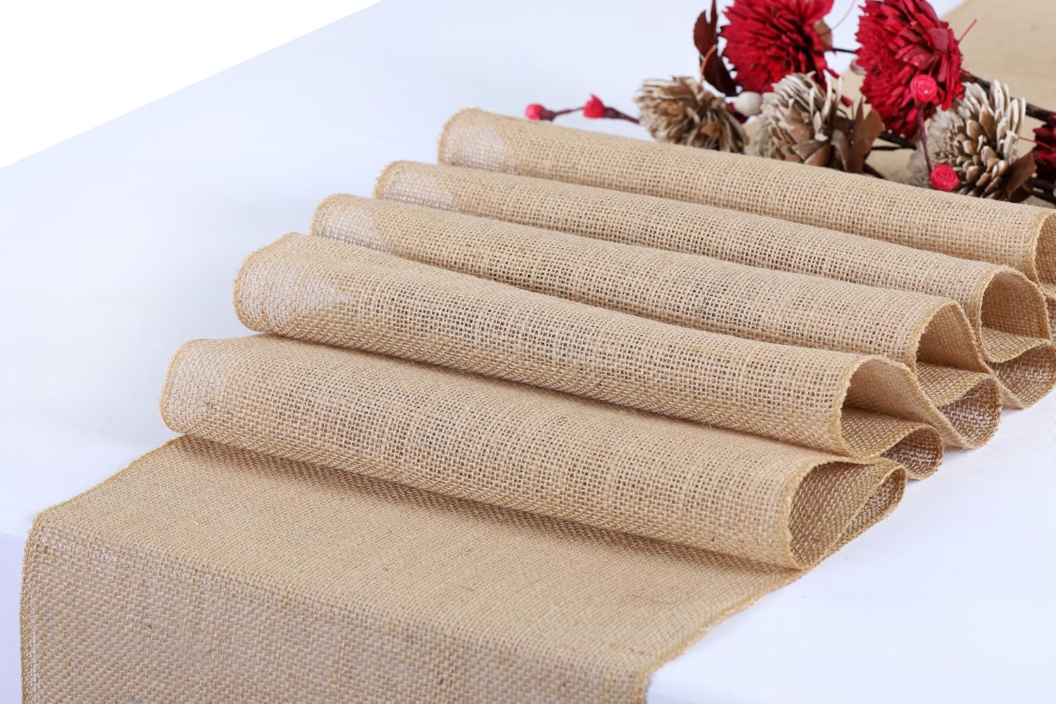 MDS 100 Pack Wedding Natural Burlap Table Runners 12 x 72 Inch Rustic Farmhouse Jute Country Vintage Runner for Wedding and Home Decor, Table Decorations, Party, BBQ's & Outdoor Tables- Natural