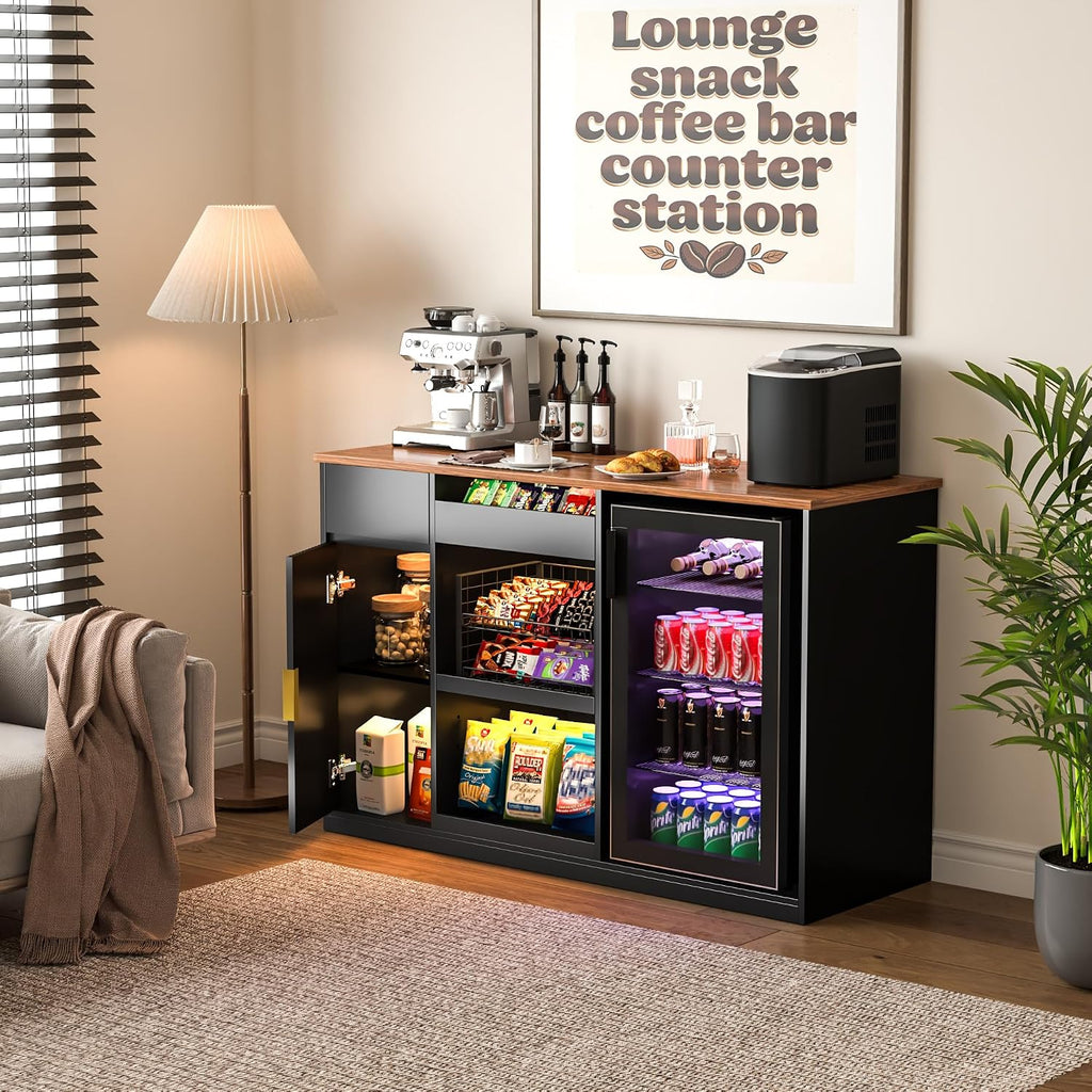 GDLF Snack Bar Cabinet with Fridge Space, Snack Organizer with Storage and Candy Display Shelf, Coffee Station for Home Theater or Game Room, 51.2' L，Black