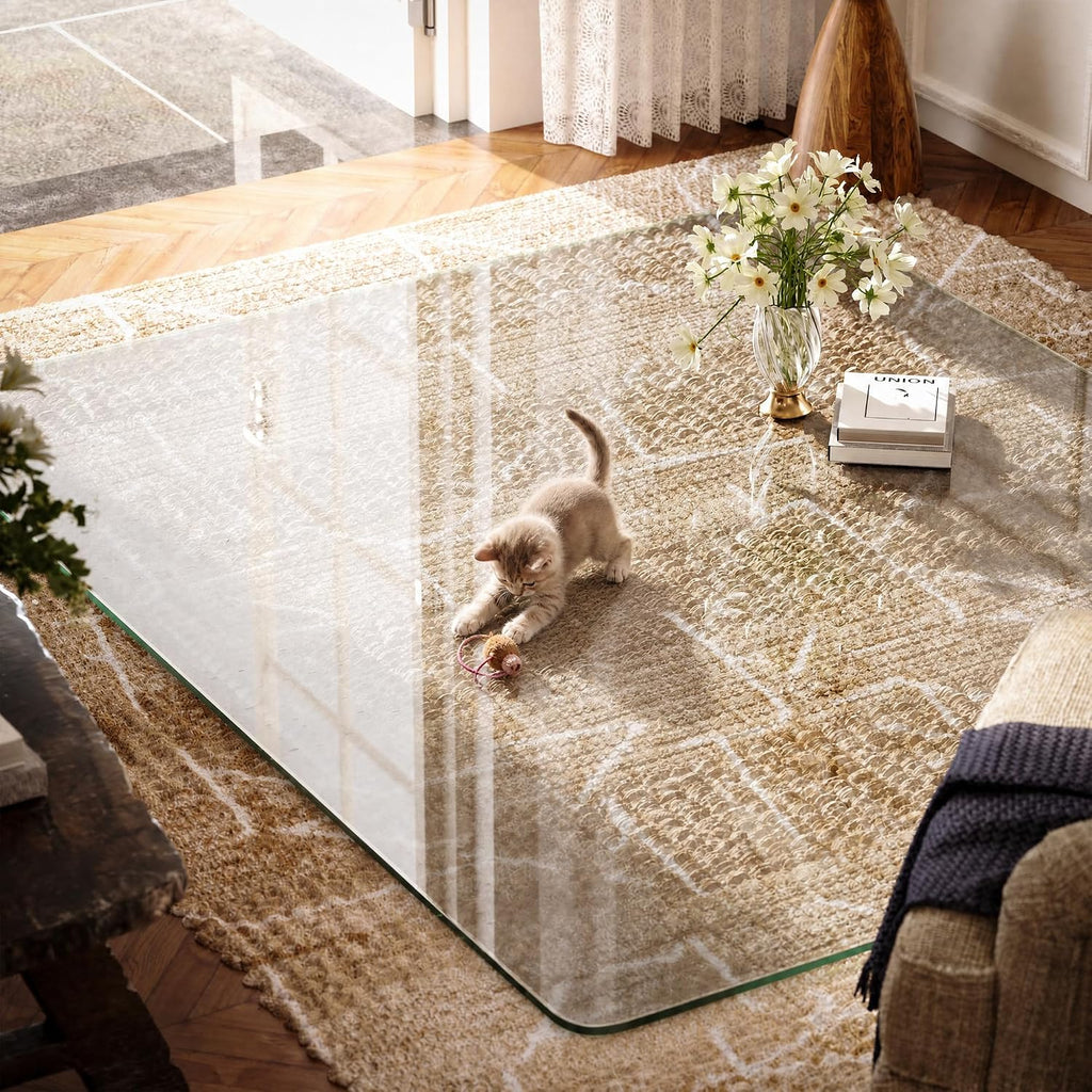 VETROUVE 48' x 60' Chair Mat for Carpet, Heavy Duty Hard Tempered Glass Desk Office Mat on Carpet or Hard Floor with 4 Anti-Slip Pads, 1/5' Thick, Smooth Rolling, Scratch Resistant, Transparent