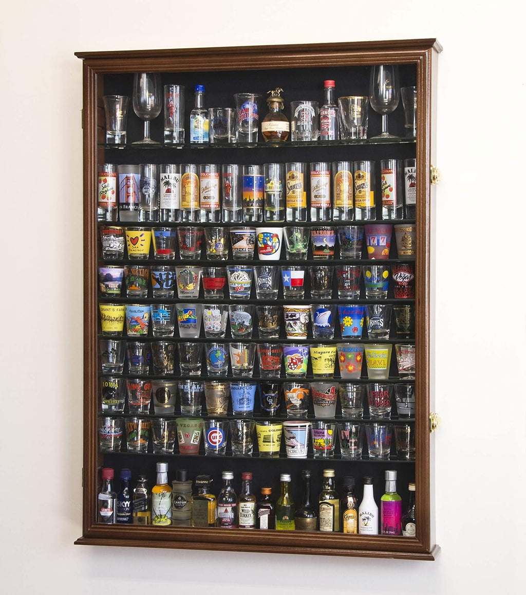 XL Shot Glass Display Case Rack Holder Cabinet for Tall Shooter and Mini Liquor Bottle