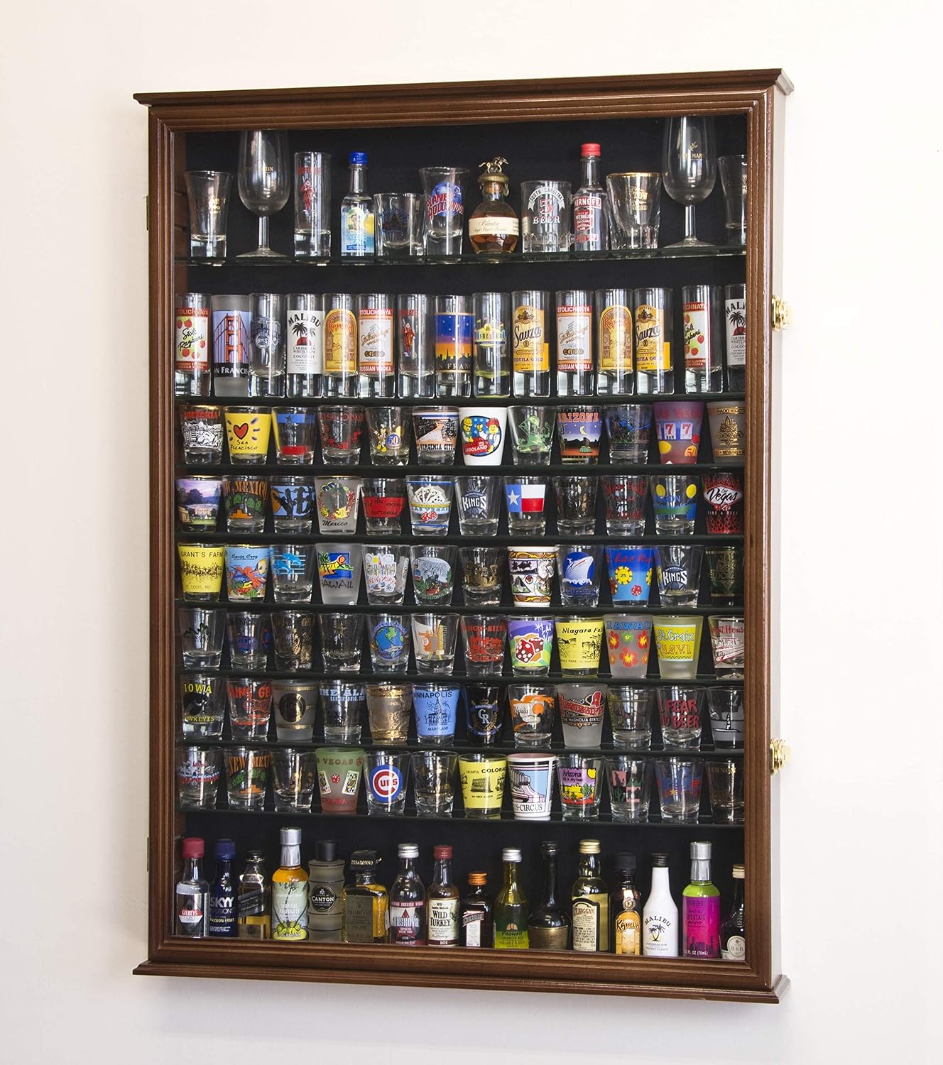 XL Shot Glass Display Case Rack Holder Cabinet for Tall Shooter and Mini Liquor Bottle