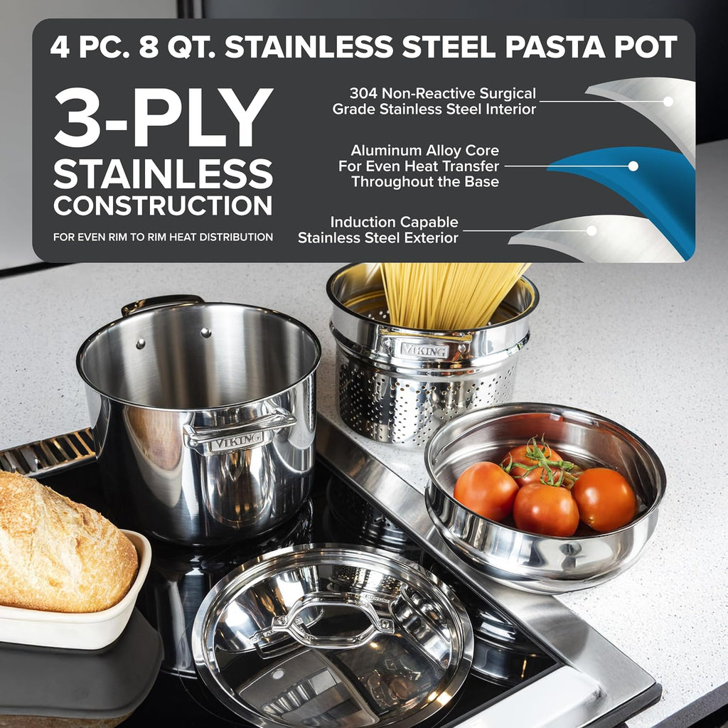 Viking 3-Ply Stainless Steel Pasta Pot with Lid, 8 Quart, 4 Piece Multipot Kitchen Cookware, Includes Pasta Insert and Steamer Basket, Dishwasher and Oven Safe, Induction Ready, Silver
