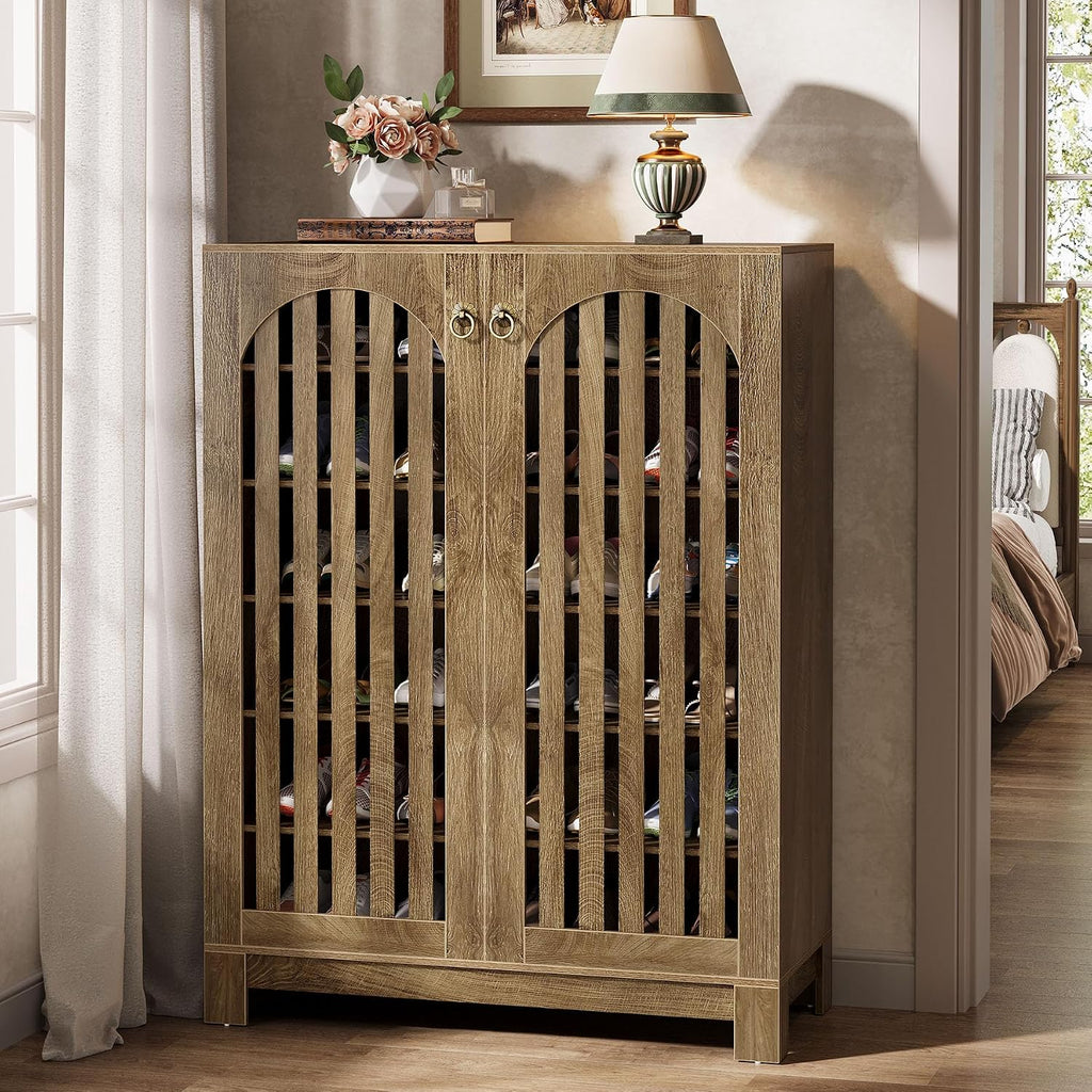 Tribesigns Shoe Cabinet with Shutter Doors, 6-Tier Shoe Storage Cabinet, Entryway Shoe Rack Organizer with Adjustable Shelves for Living Room, Hallway, Natural Wood
