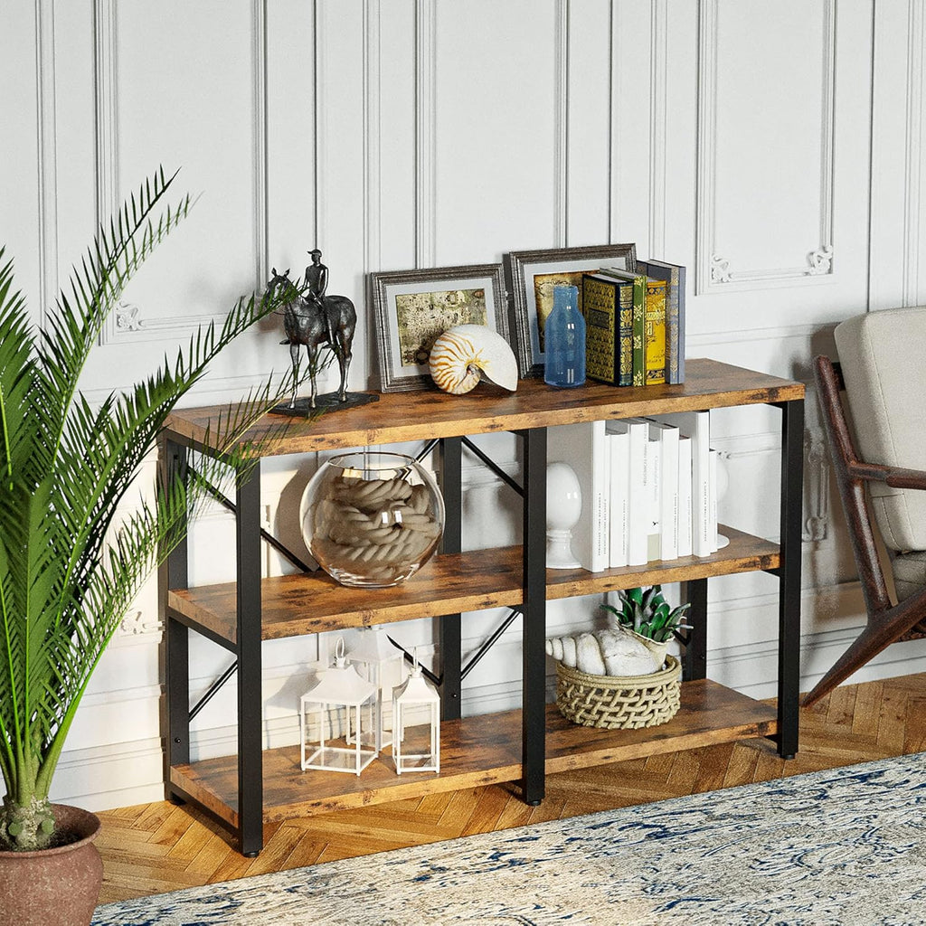 IRONCK Bookshelf Double Wide 47 in 3-Tier, Industrial Bookcases, Wood and Metal Bookshelves, Book Shelves for Home Office Decor Display