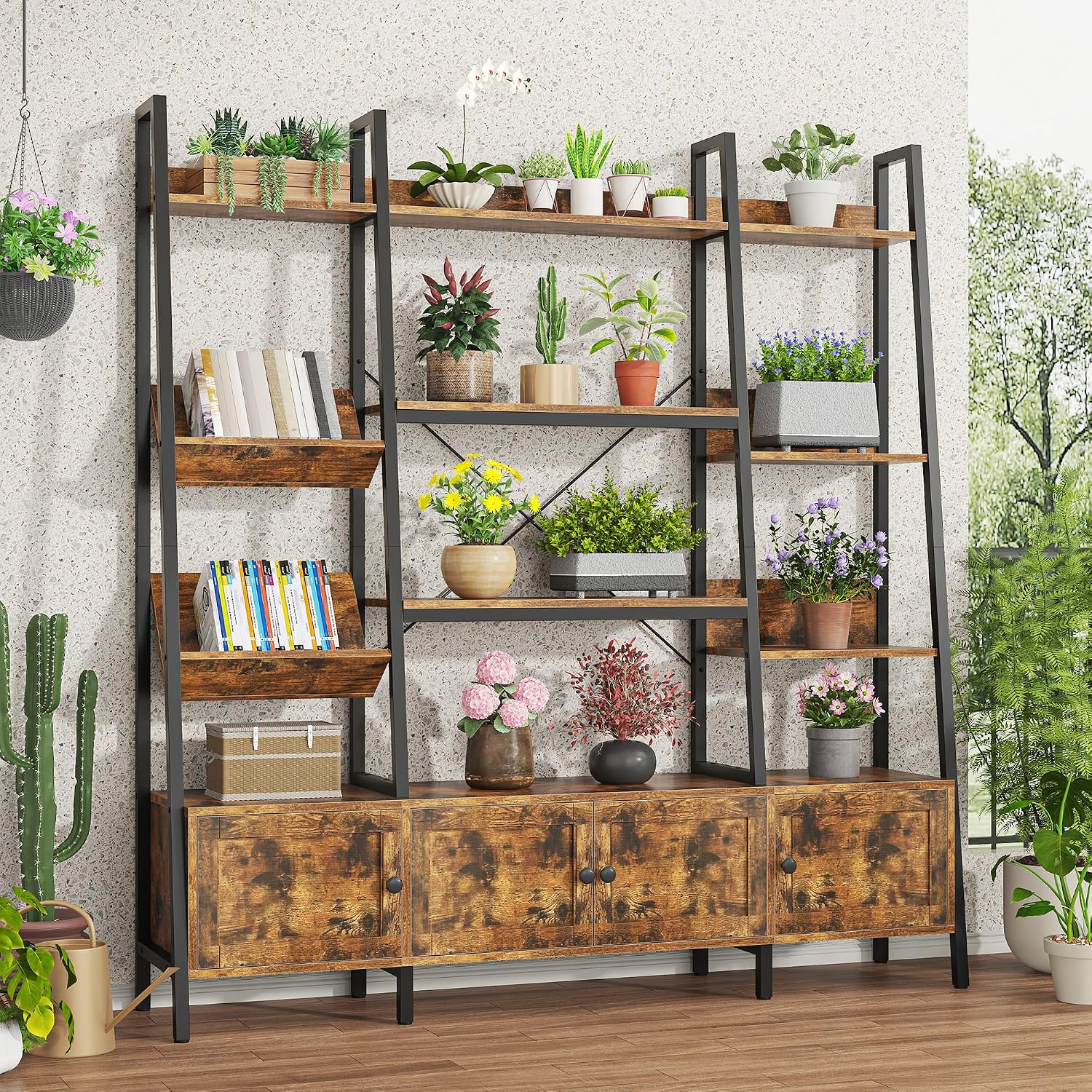 Nosepen Ladder Bookshelf with 4 Doors, 4 Tier Triple Width Large Open Storage Shelving, Industrial Style Capacity Home Office Bookcase with Adjustable Shelves, Display Cabinet Brown