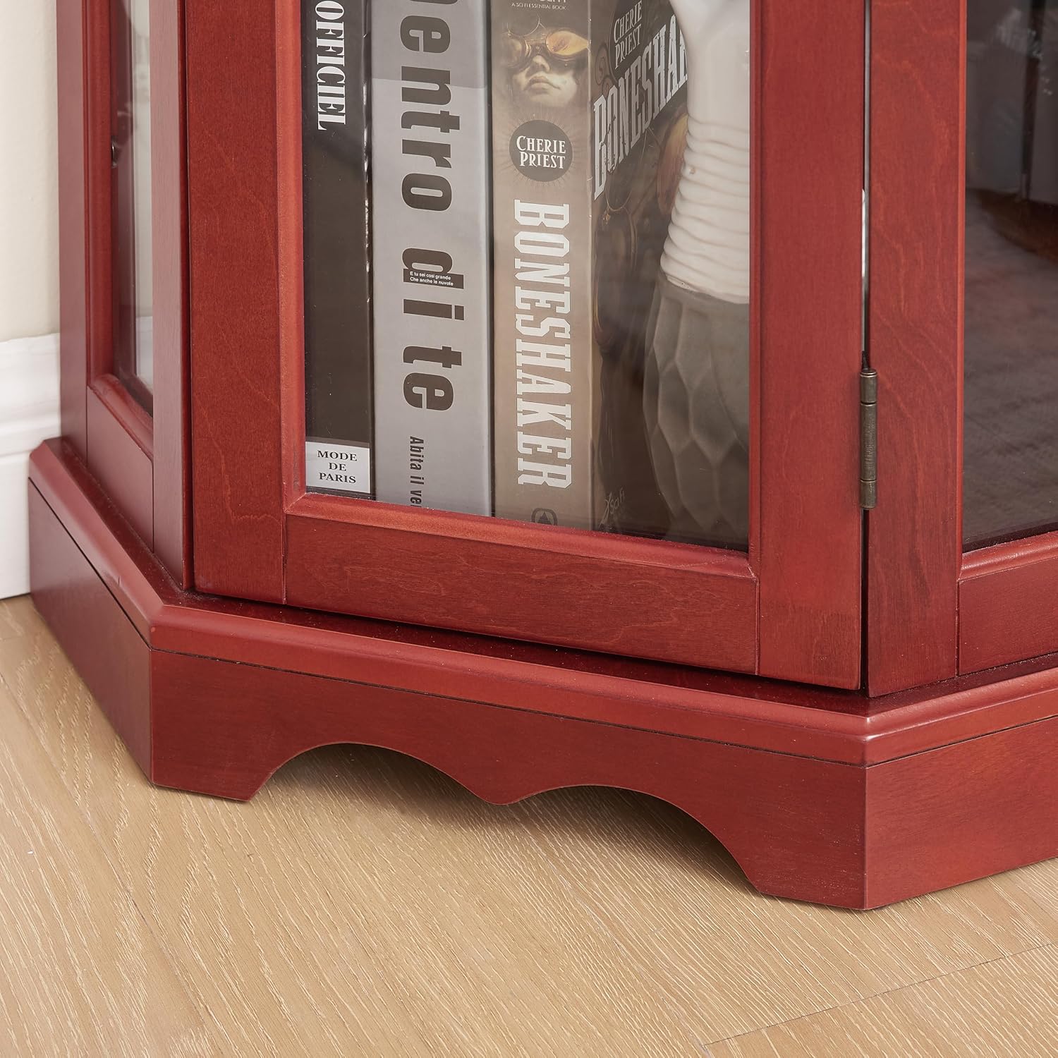 Classic Corner Curio Cabinet with Lights, Glass Display Cabinet for Living Room - Adjustable Tempered Glass Shelves, Wall Mountable, Cherry Finish (Cherry)