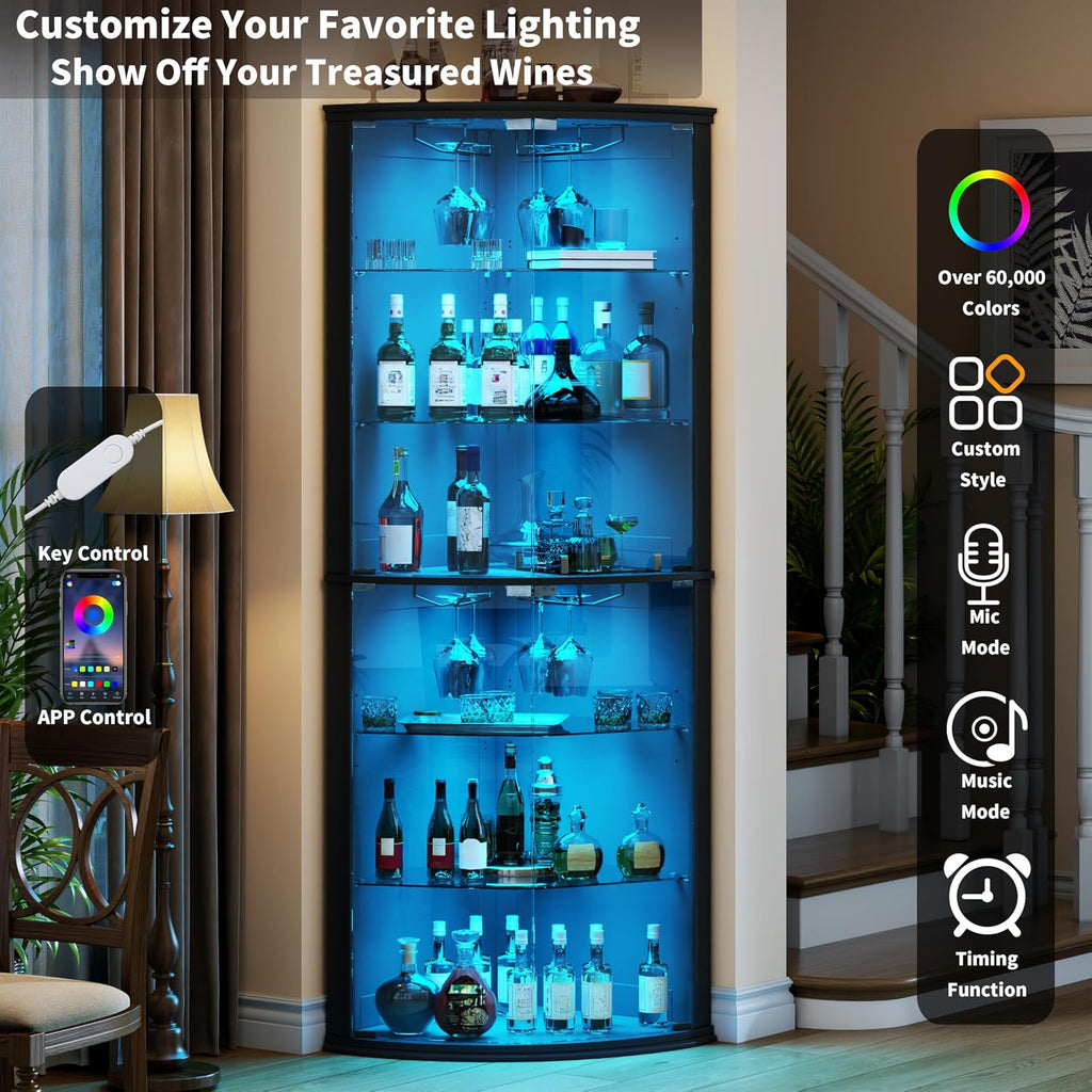 Loomie 70' Corner Bar Cabinet with LED Lights, 6-Tier Modern Wine Cabinet with Glass Door & Glass Holder, Tall Home Bar Liquor Cabinet with Adjustable Shelves for Dining Room, Living Room (Black)
