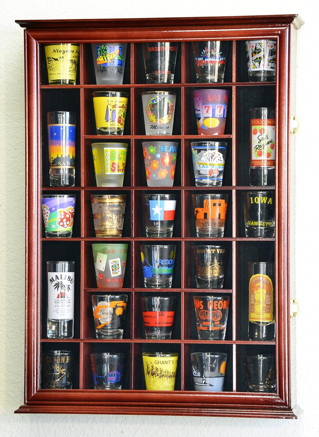 31 Shot Glass Shotglass Shooter Display Case Holder Cabinet Wall Rack -Cherry