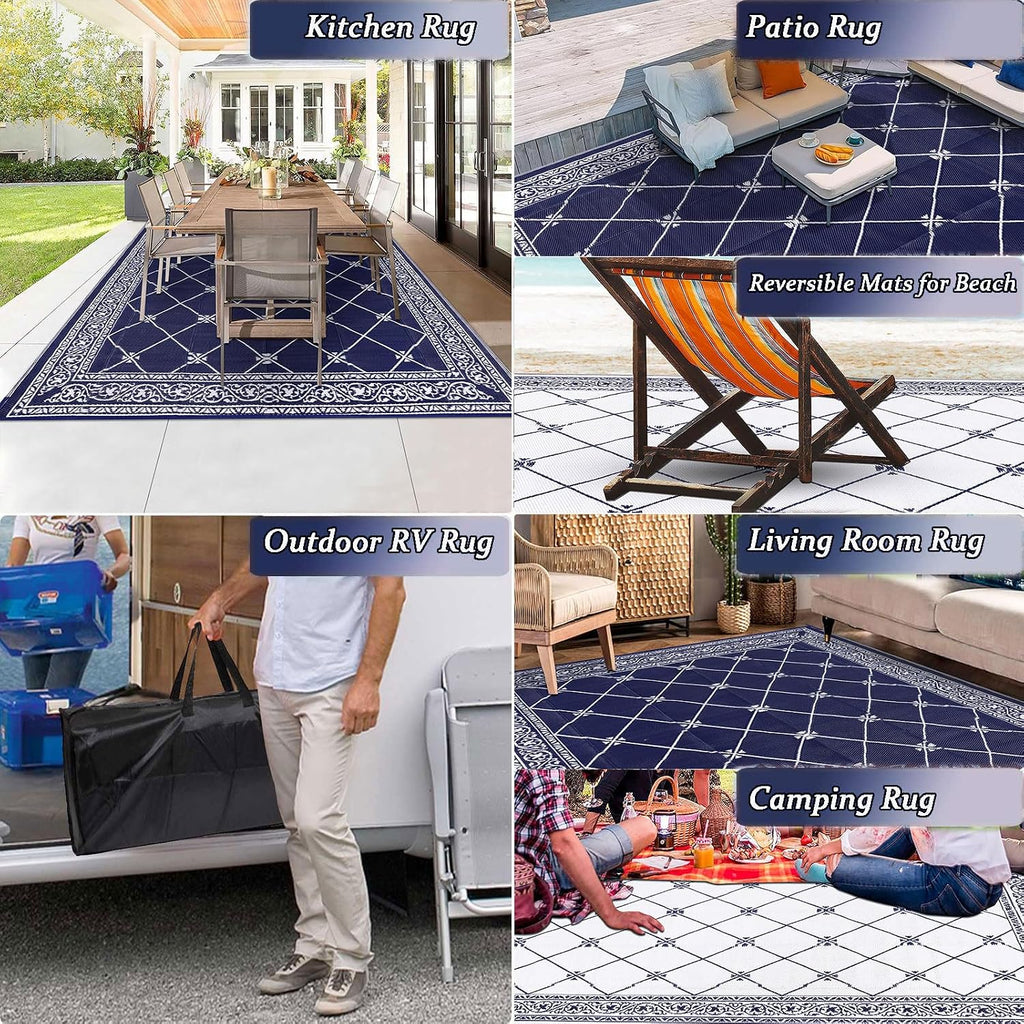 Outdoor Rug 10'x14' for Patios Waterproof Patio Rugs Outdoor Mats for Front Porch,Beach Mat,Reversible Plastic Straw Camping Rugs for Outside RV,Deck,Balcony,Backyard Navy Blue