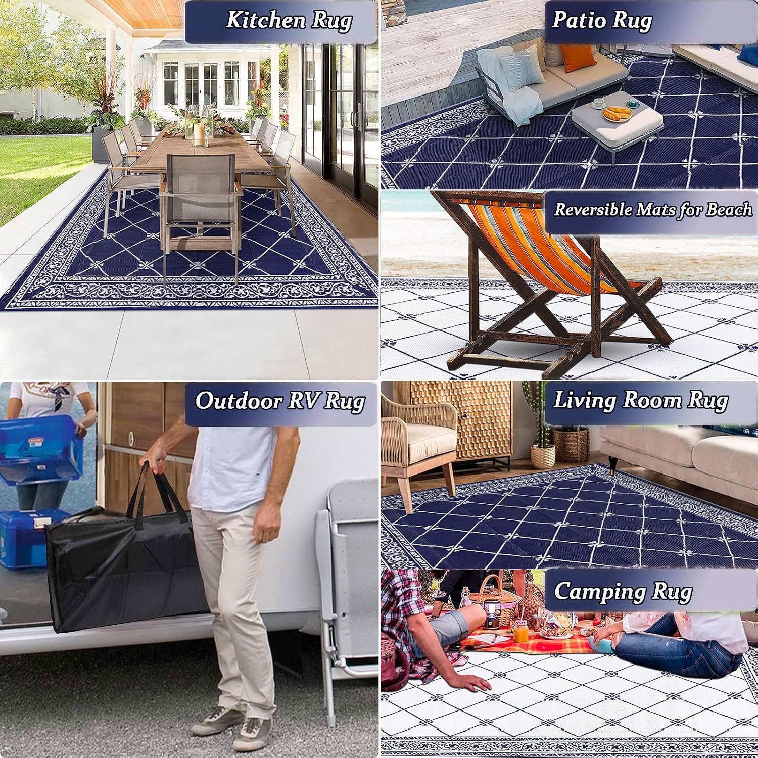 Outdoor Rug 10'x14' for Patios Waterproof Patio Rugs Outdoor Mats for Front Porch,Beach Mat,Reversible Plastic Straw Camping Rugs for Outside RV,Deck,Balcony,Backyard Navy Blue