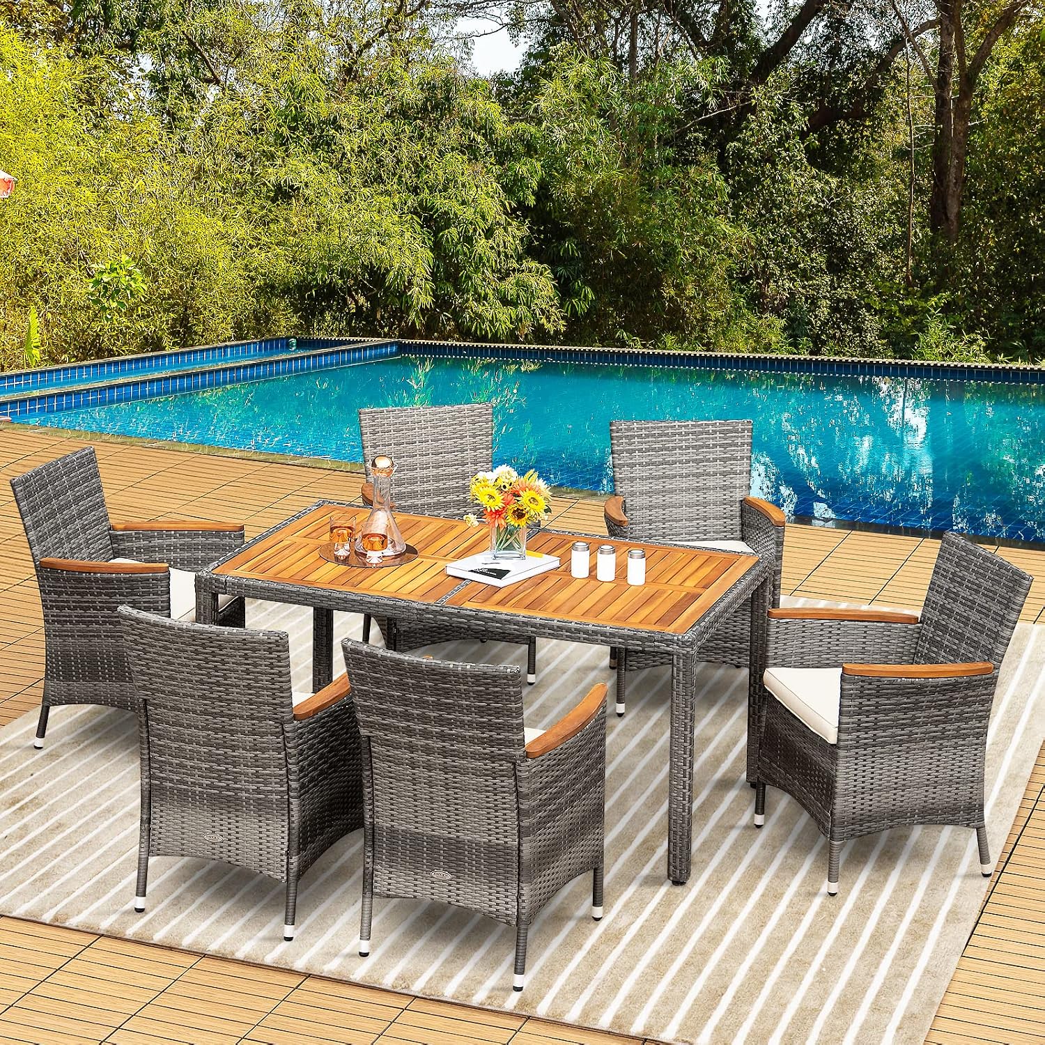 Tangkula 7 Pieces Outdoor Dining Furniture Set, Patio Rattan Conversation Set with Spacious Acacia Wood Table, 6 Chairs with Widened Armrests, Non-slip Foot Pads, Suitable for Backyard Poolside (Grey)