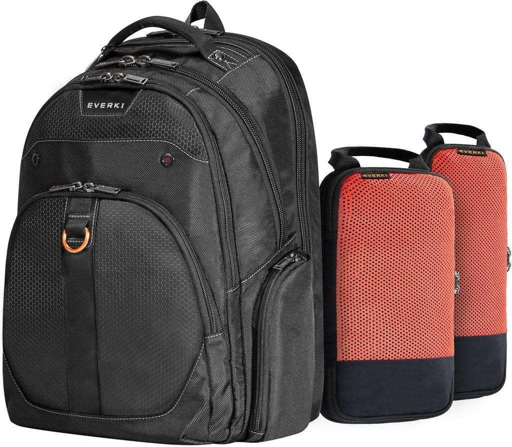 EVERKI Atlas Business Laptop Backpack Bundle + Compression Packing Cube Set - Packing Cubes for Backpack & Trolley 4.6L & 9L + 29L/32L Laptop Backpack for Work, Travel, Men & Women - Black & Orange