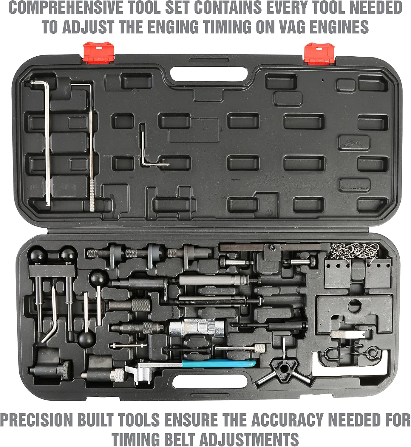 OEMTOOLS 27404 Engine Timing Tool Set for VAG, 37 Piece Engine Timing Locking Tool Kit, for VW and Audi, Timing Tool Kit with Belt Tensioner Tool, Cam Pulley Holder, Camshaft Adjuster