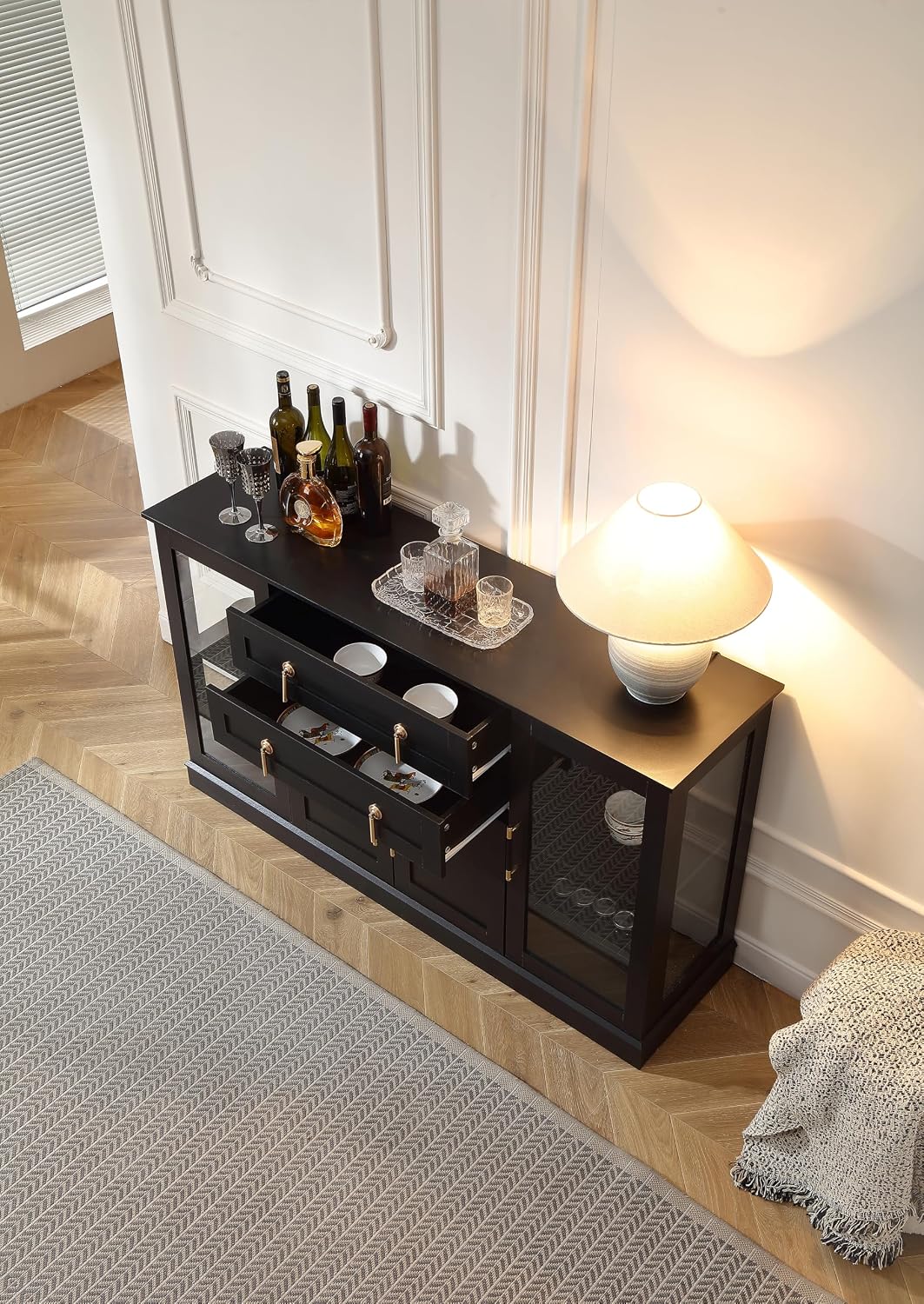 FOREST GRAVITY 58.27'' Buffet Cabinet with 2 Drawers,LED and Adjustable Shelves,Large Glass Door Coffee Bar Cabinet with Storage,Modern Farmhouse Sideboard Credenza for Kitchen,Black