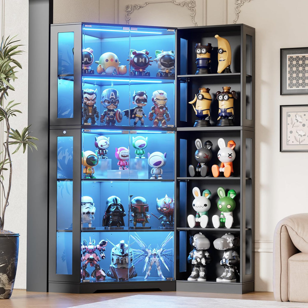 Corner Display Cabinet with Glass Doors,5-Tier Curio Cabinet with 3 Color Lights for Collectibles,71' Glass Display Case for Toys, Books, Extra Bookcase with 10 Dust-Proof Rack for Living Room, Black