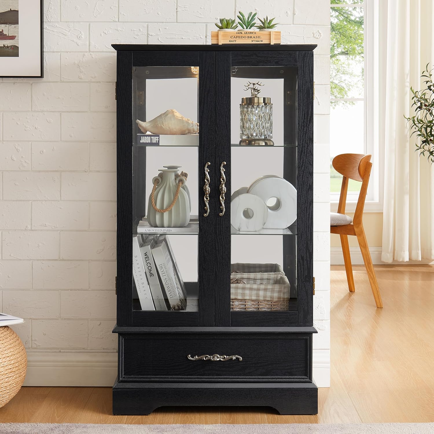 Display Cabinet with Glass Doors Drawer, Lighted Curio Cabinet with Adjustable Glass Shelves and Mirrored Back Panel, Retro Floor Standing Storage Cabinets for Living Room, Black