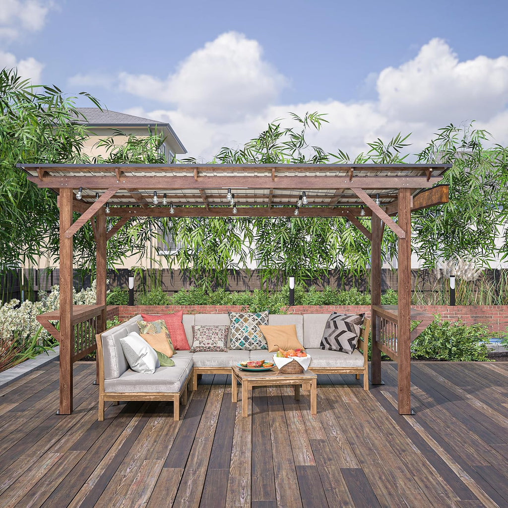 13x6.5ft Wooden BBQ Grill Gazebo with Metal Roof & Bar Counters, Outdoor Pergola with Shelves & Lights for Backyard Patio Poolside
