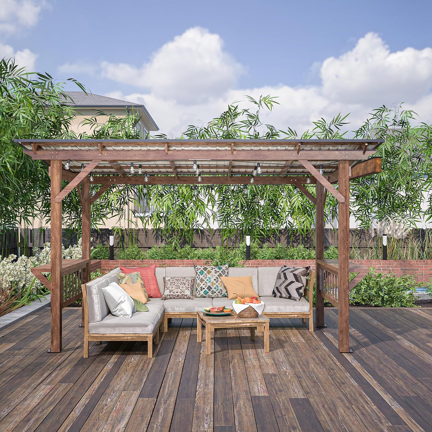 13x6.5ft Wooden BBQ Grill Gazebo with Metal Roof & Bar Counters, Outdoor Pergola with Shelves & Lights for Backyard Patio Poolside