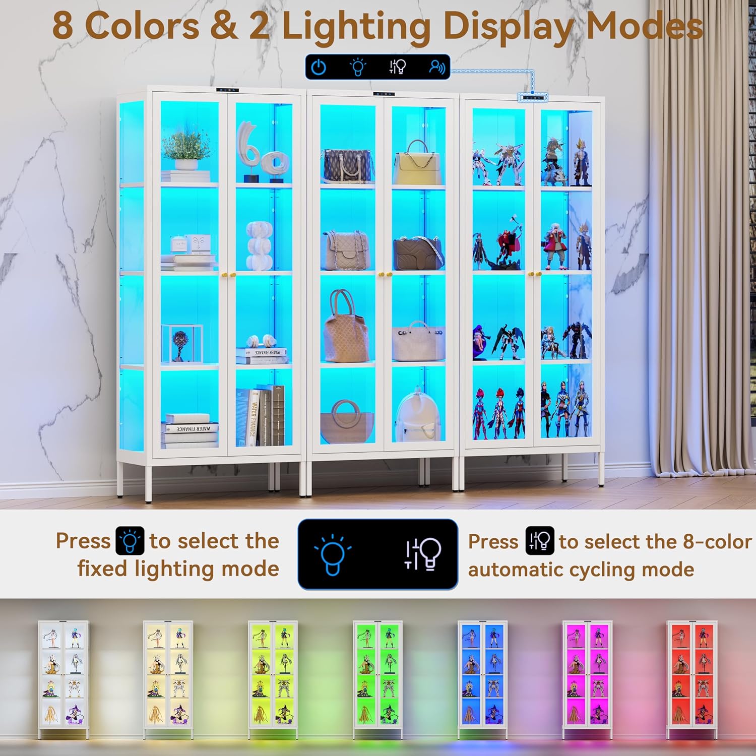 Polup Glass Display Cabinet with Glass Doors, Metal Curio Cabinet with 8-Color LED Lights, 66 Inch Tall Display Case for Collectibles, White Glass Cabinet for Living Room, Assembly Required