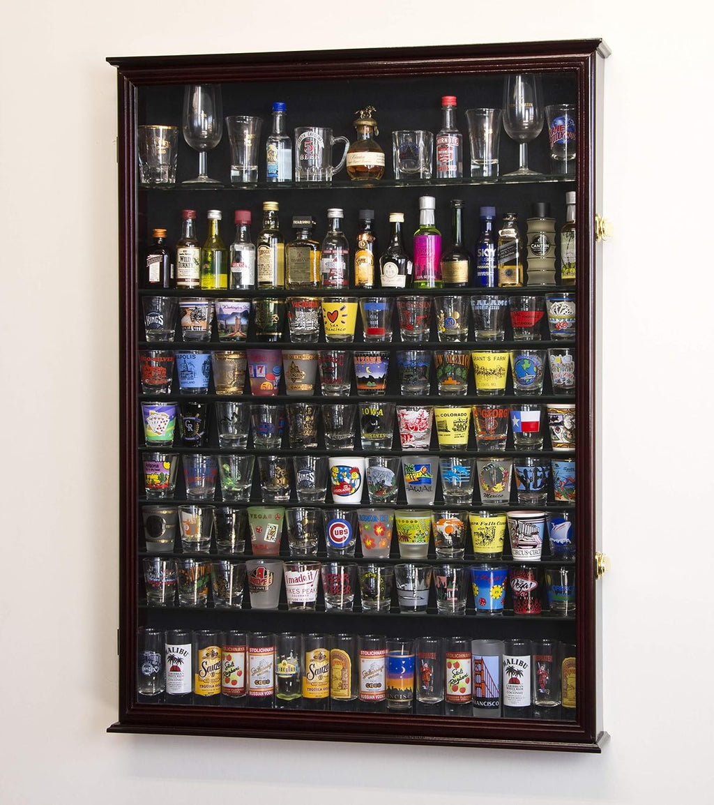 XL Shot Glass Display Case Rack Holder Cabinet for Tall Shooter and Mini Liquor Bottle