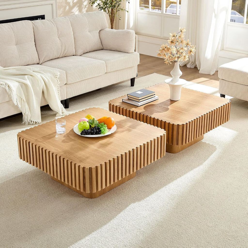 31.49'' Square Coffee Table Set of 2 for Living Room, Modern Wood Drum Pedestal Flute Embossment Coffee Table, Easy Assembly (Natural, 2-Pcs)