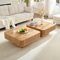 31.49'' Square Coffee Table Set of 2 for Living Room, Modern Wood Drum Pedestal Flute Embossment Coffee Table, Easy Assembly (Natural, 2-Pcs)