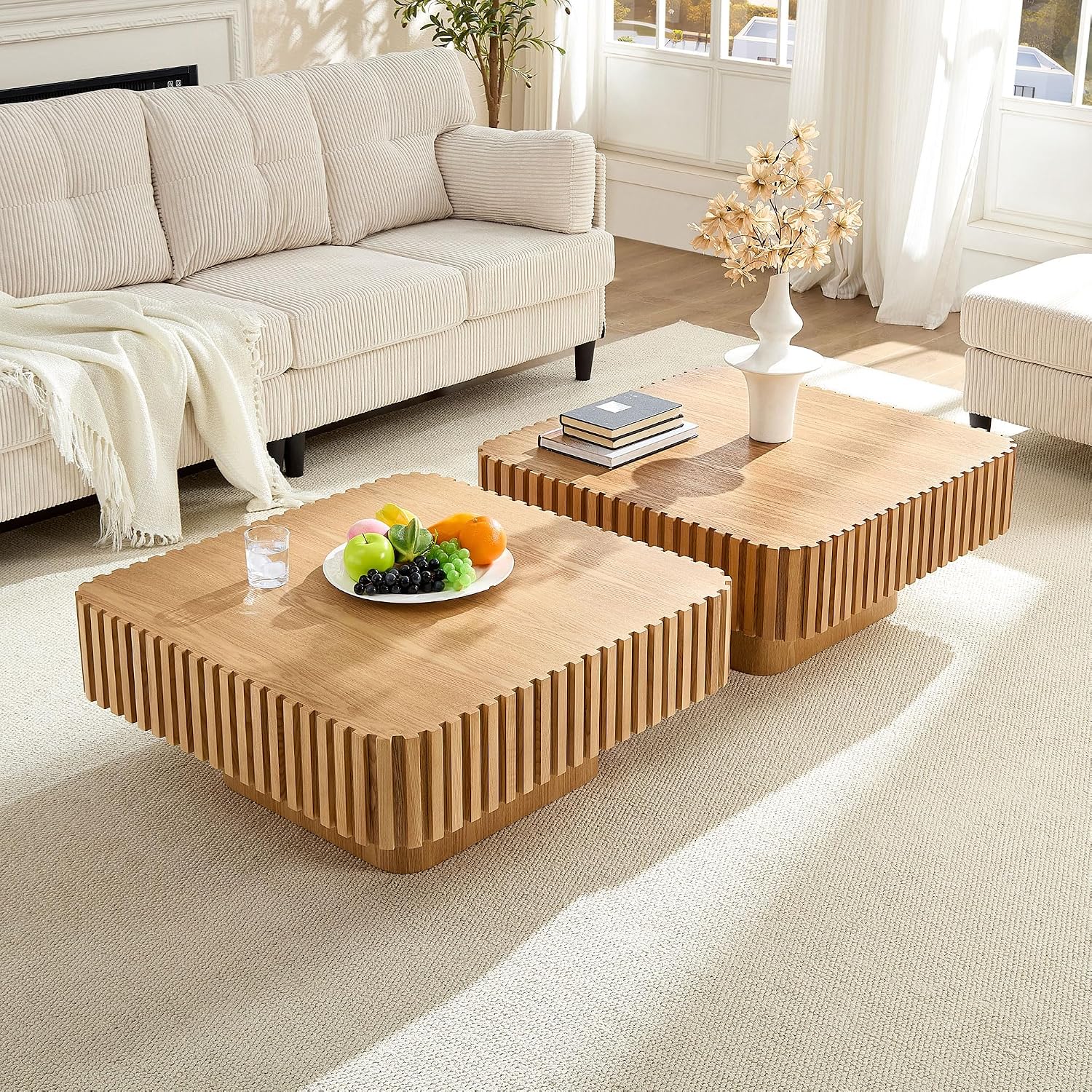 31.49'' Square Coffee Table Set of 2 for Living Room, Modern Wood Drum Pedestal Flute Embossment Coffee Table, Easy Assembly (Natural, 2-Pcs)